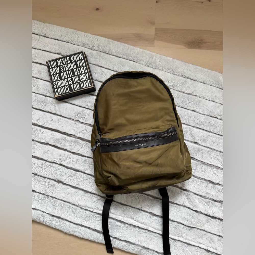 Olive Green Nylon Backpack with Front Zip Pocket